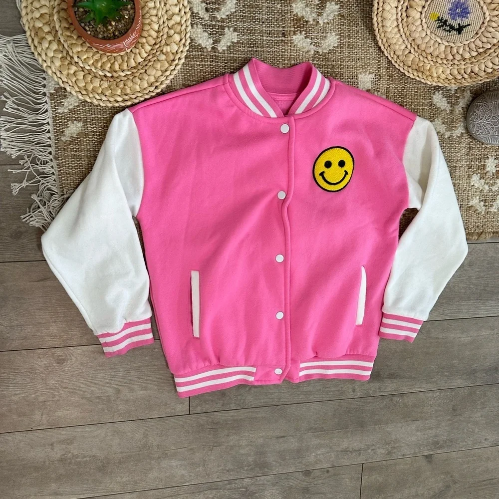 Boutique Girl’s Pink and White Varsity Jacket with Smiley Patch Size XL